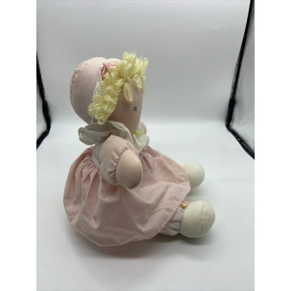 Vintage Eden Plush Rag Doll Yellow Yarn Hair Pink Polka Dot Dress Lace Collar